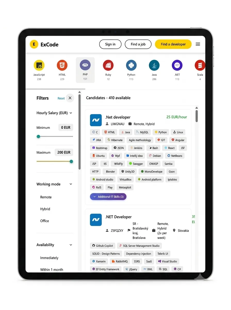 Testovací náhľad platformy ExCode — zoznam kandidátov s filtrami